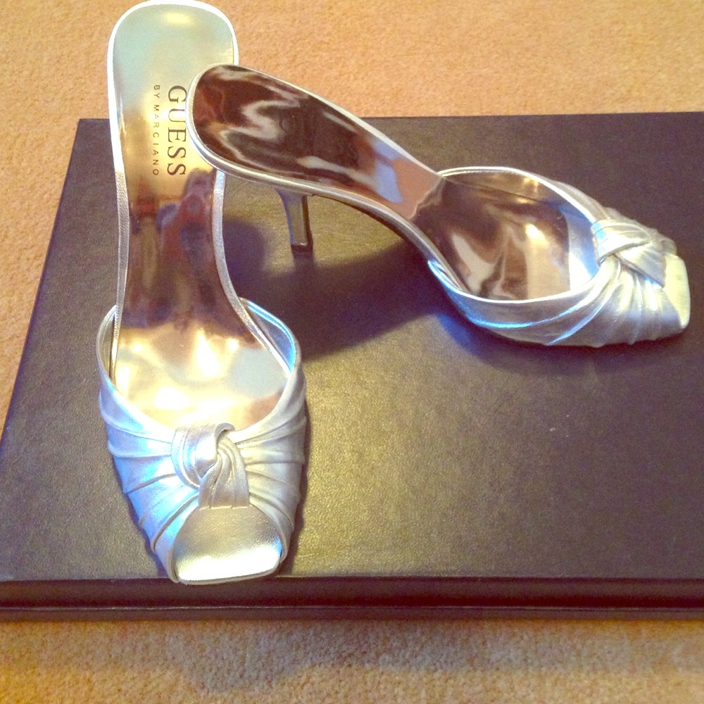 Guess by Marciano Silver Satin Knot Peep-Toe Heels